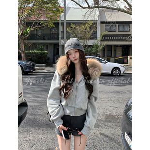 灰色收腰显瘦短款连帽卫衣秋冬可拆卸毛领加绒加厚百搭开衫外套女