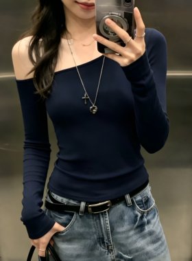 美式时髦露肩长袖t恤女士辣妹风斜肩上衣修身型显瘦一字肩打底衫
