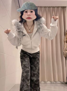 毛领短款修身设计感百搭开衫外套秋冬加绒美式重磅双拉链连帽卫衣