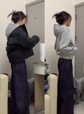 浅灰色复古重磅双拉链开衫外套秋冬加绒短款修身辣妹百搭连帽卫衣