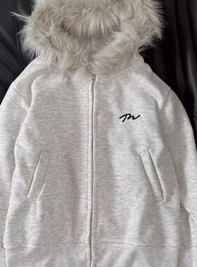 美式复古毛领短款开衫外套秋冬重磅白灰色加绒双拉链百搭连帽卫衣