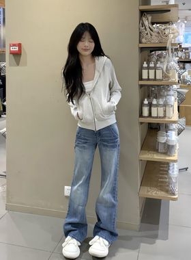 白灰色修身短款百搭开衫外套秋冬加绒美式重磅复古双拉链连帽卫衣