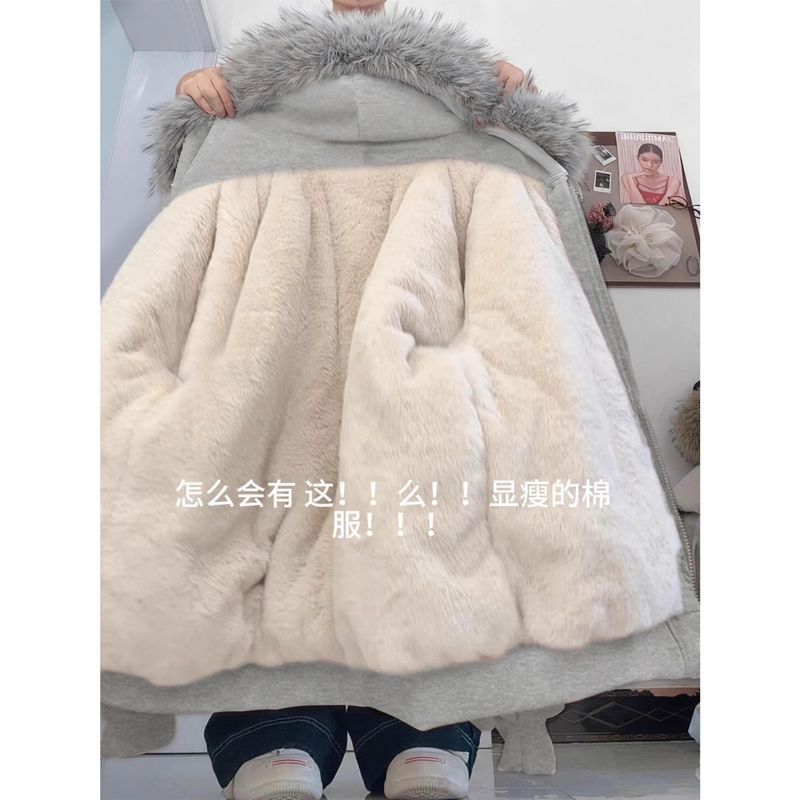 浅灰色重磅加厚羊羔绒棉衣冬季保暖百搭开衫外套设计感连帽卫衣女