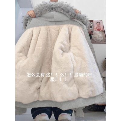 浅灰色重磅加厚羊羔绒棉衣冬季保暖百搭开衫外套设计感连帽卫衣女
