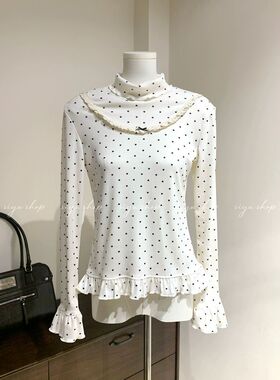 爱心波点蕾丝蝴蝶结内搭打底衫秋冬德绒修身荷叶边高领长袖上衣女