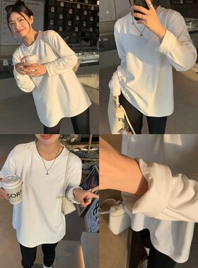 白色保暖德绒内搭打底衫秋冬宽松简约叠穿T恤衫双面磨毛长袖上衣