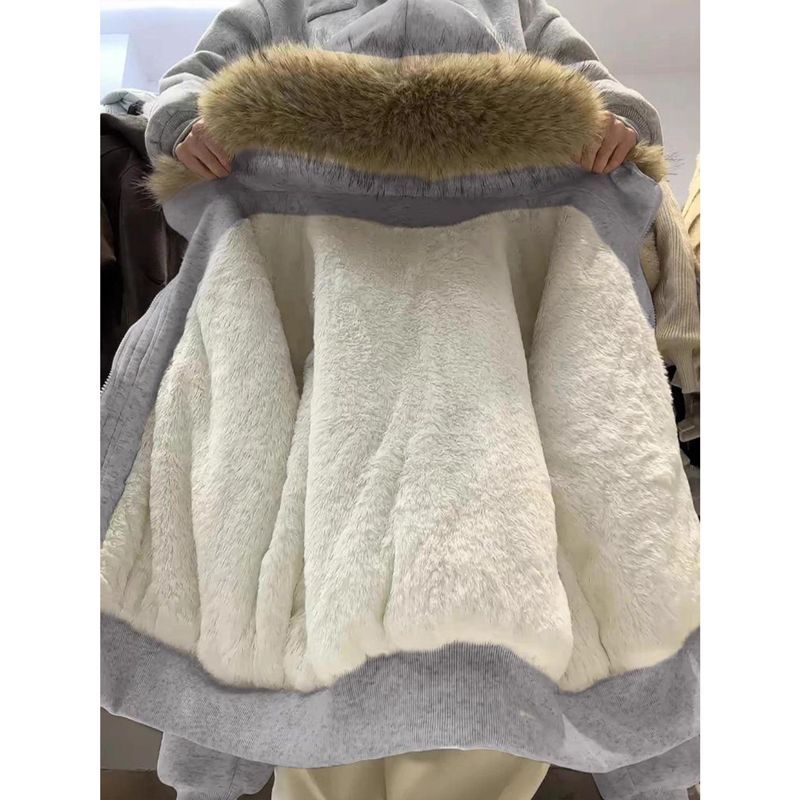 浅灰色可拆卸毛领加绒连帽卫衣重磅冬季加厚羊羔绒保暖开衫外套女