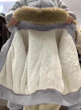 浅灰色可拆卸毛领加绒连帽卫衣重磅冬季加厚羊羔绒保暖开衫外套女