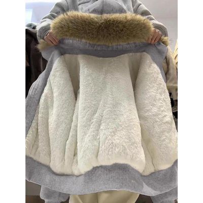 浅灰色可拆卸毛领加绒连帽卫衣重磅冬季加厚羊羔绒保暖开衫外套女