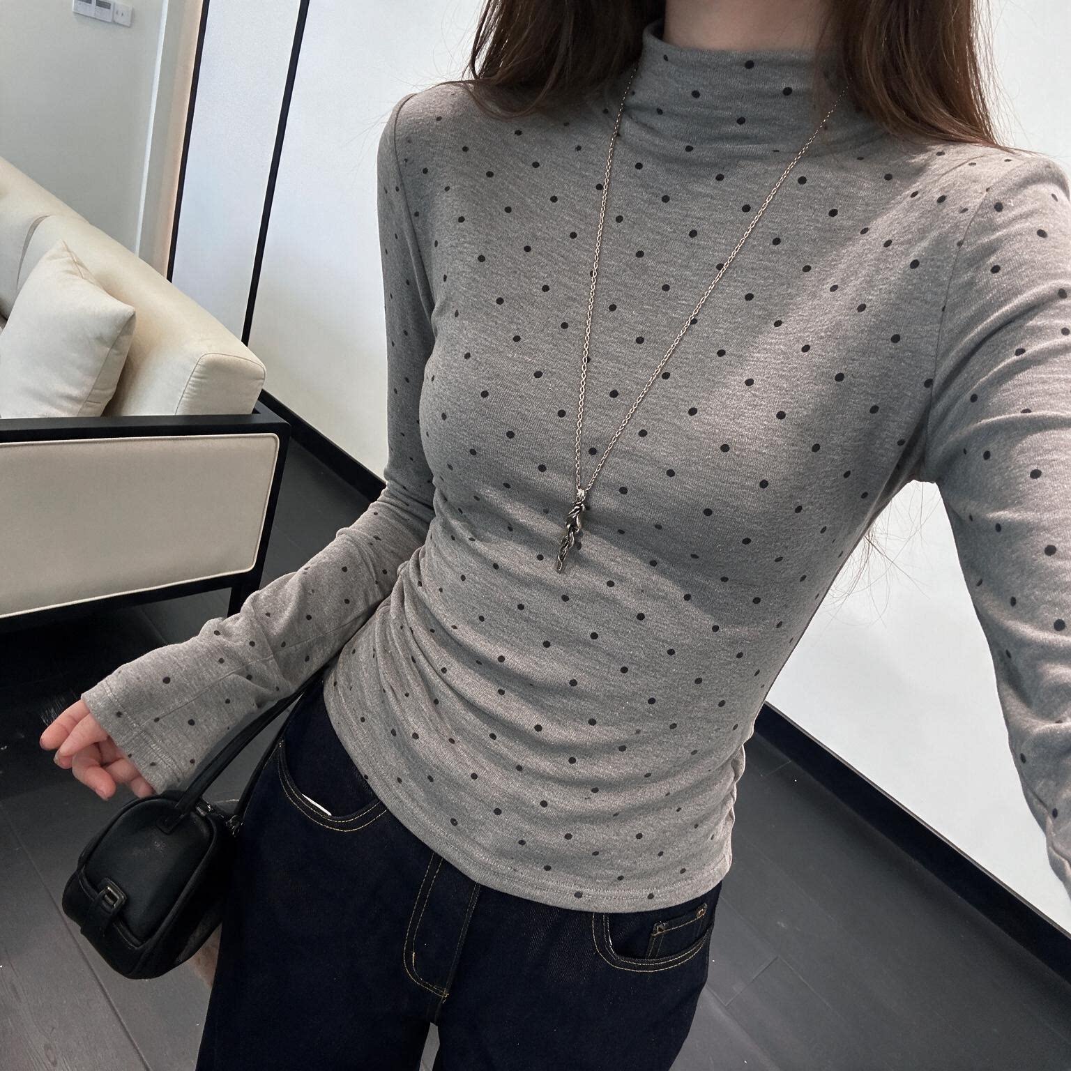半高领修身显瘦打底衫女秋冬季薄款内搭波点长袖t恤春装上衣服潮图片