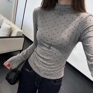 半高领修身显瘦打底衫女秋冬季薄款内搭波点长袖t恤春装上衣服潮