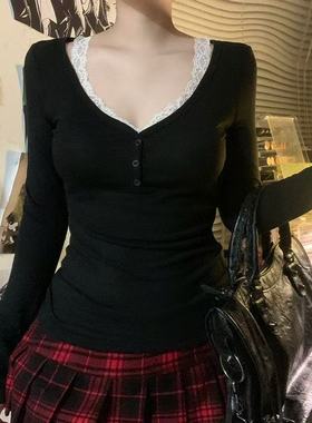 黑色修身短款甜辣妹内搭打底衫chic小众蕾丝拼接设计感长袖上衣女
