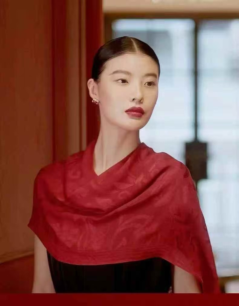 EP雅莹 大红色围巾牡丹凤蝶纹真丝花罗围巾披肩 春新款W301A-2399