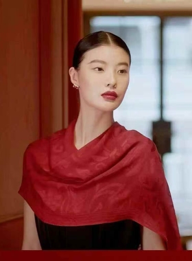EP雅莹 大红色围巾牡丹凤蝶纹真丝花罗围巾披肩 春新款W301A-2399