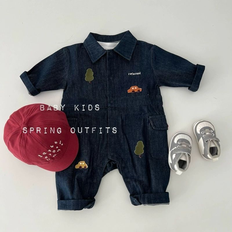 宝宝秋装牛仔连体衣男童贴布牛仔连身衣婴幼儿秋季外出衣服爬爬服