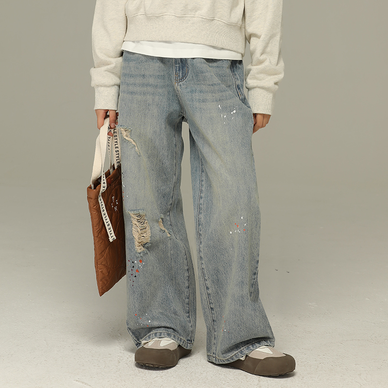 小女森春夏休闲泼墨破洞牛仔裤