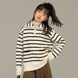 小女森女童秋冬黑白条纹拉链翻领毛衣复古百搭宽松软糯厚立领上衣