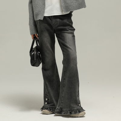 小女森女童春秋喇叭裤黑色花边设计感长裤儿童修身显瘦牛仔裤子潮