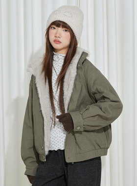 小女森女童冬装加绒加厚外套儿童军绿色时尚夹克毛毛领短款大衣潮