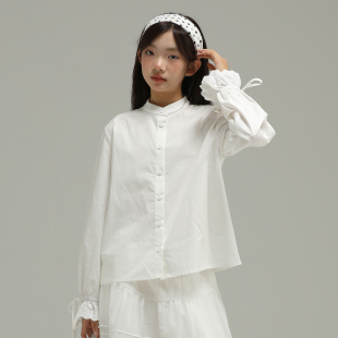 小女森女童春秋白衬衫 立领气质衬衣中大童花边设计内搭上衣女 法式