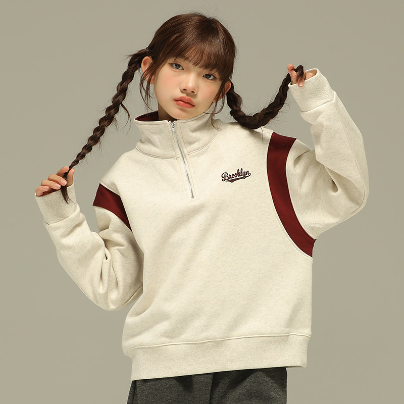 小女森女童秋冬卫衣加绒厚款儿童撞色运动风休闲保暖立领长袖上衣
