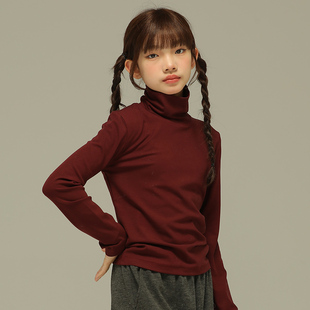 小女森女童秋冬打底衫针织内搭高领中大童枣红色高弹长袖T恤上衣