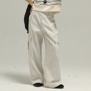 街头感裤 中大童直筒宽松休闲长裤 子 裤 小女森女童春秋杏色口袋工装