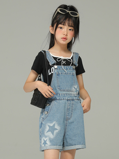 小女森女童夏季背带裤薄款牛仔裤儿童高街复古宽松休闲外穿直筒裤