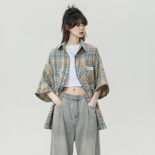森马旗下minette美式复古格子短袖衬衫女夏季宽松半袖百搭衬衣潮