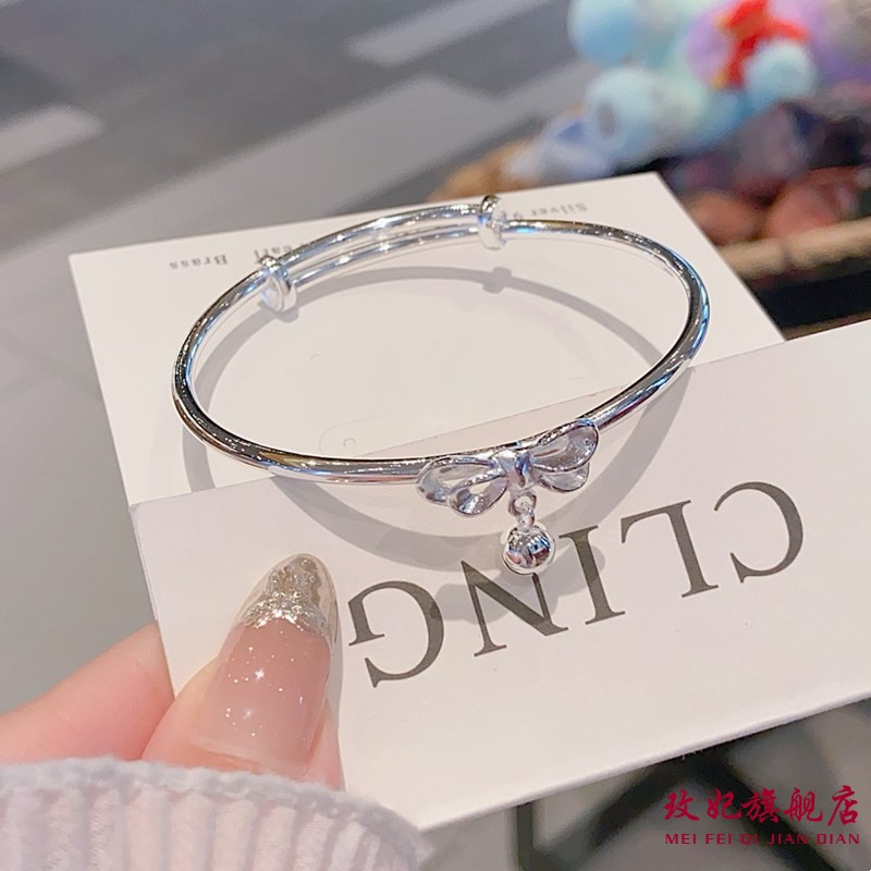 在逃公主蝴蝶结铃铛女纯银手镯