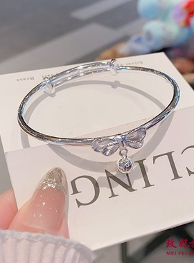 在逃公主蝴蝶结铃铛女纯银手镯