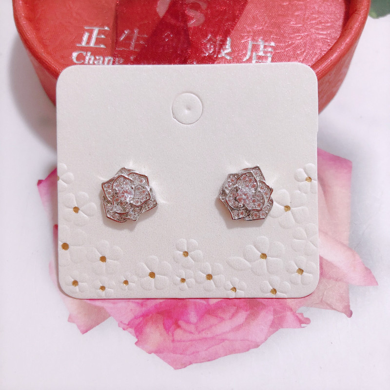 香港正生纯银s925耳钉立体山茶花