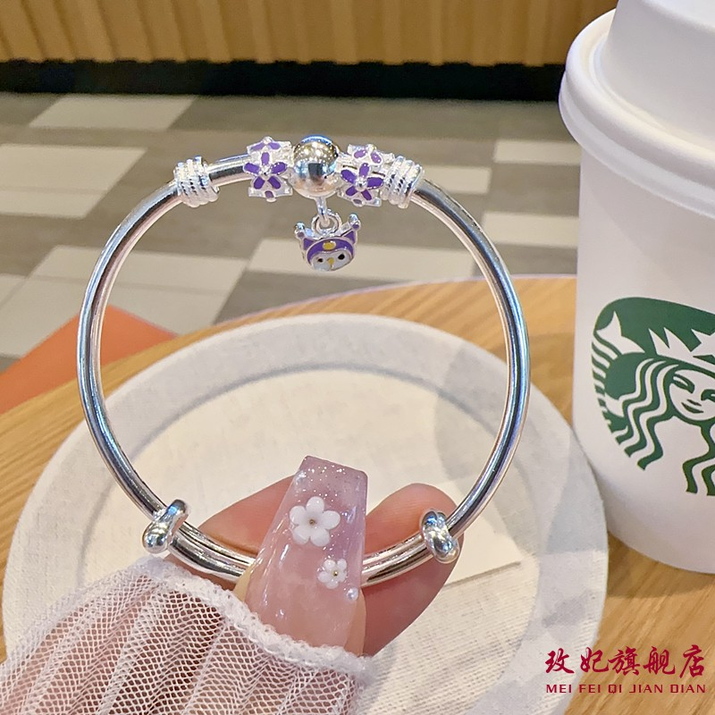 香港正生库洛米桃花纯银手镯足银9999女小孩子中大童儿童生日礼物