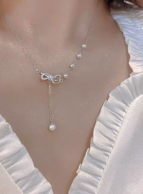 香港正生纯银s925蝴蝶结珍珠流苏项链女潮个性仙气网红抖音锁骨链