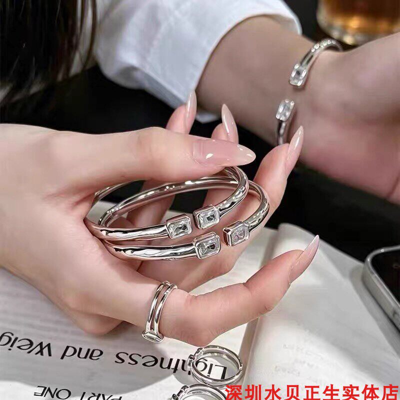 方锆石开口纯银手镯女简约百搭