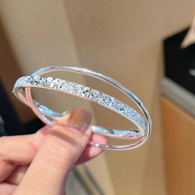 正生足银9999双环碎冰冰纯银手镯实心闭口银镯子送女友生日礼物