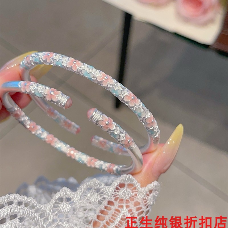 深圳水贝珐琅桃花樱花开口实心纯银手镯足银9999新中式国风送女友