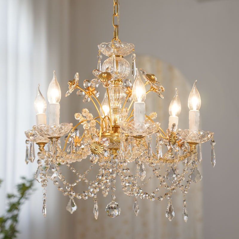 复古法式黄铜水晶田园吊灯全铜卧室客厅餐厅衣帽间梦幻水晶花吊灯