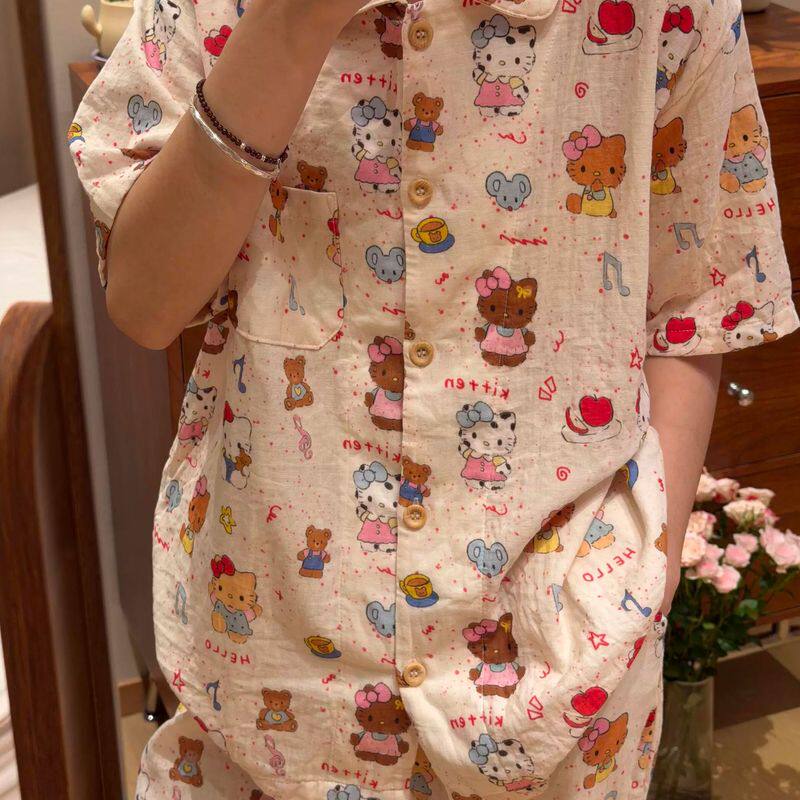 A类全棉纯棉婴儿双层纱布睡衣女2026春夏秋季新款短袖家居服套装