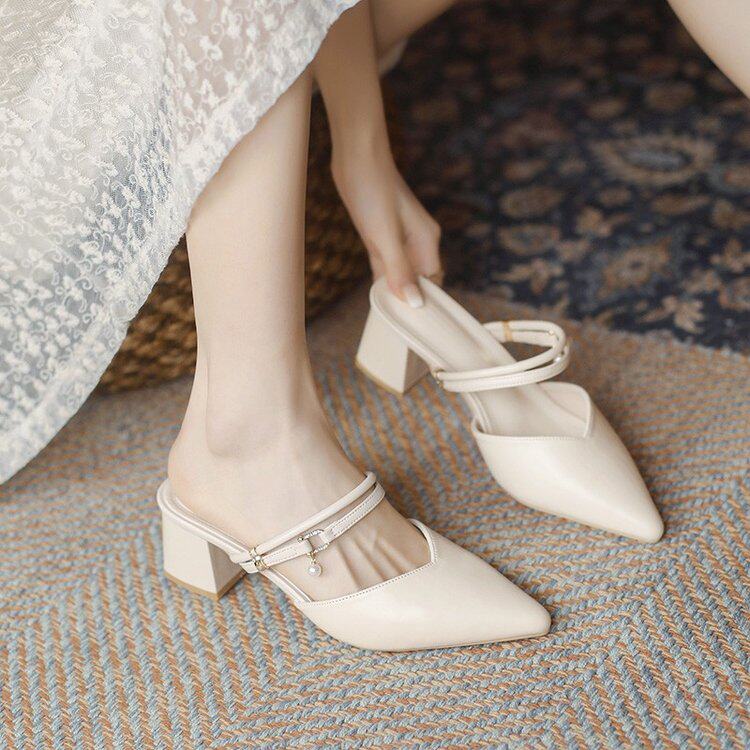 大东包头半拖鞋女外穿春夏真皮女鞋水钻一字带尖头粗跟半托仙女凉