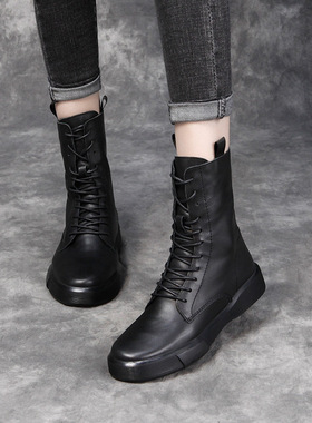 短靴2021新款棕复古马丁靴女真皮大二棉骑士平底机车中筒靴子