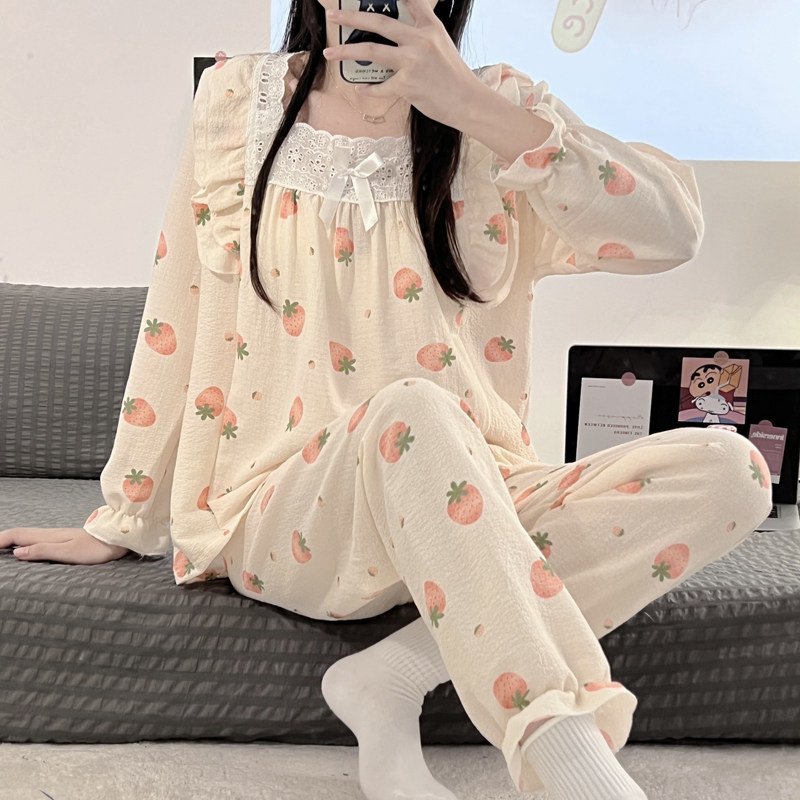 春秋季新款棉麻皱布可爱草莓少女长袖长裤睡衣女网红爆款家居服女