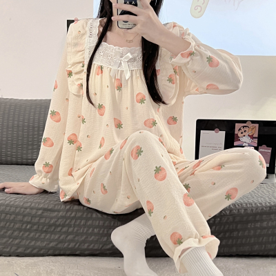 春秋季棉麻长袖长裤睡衣女