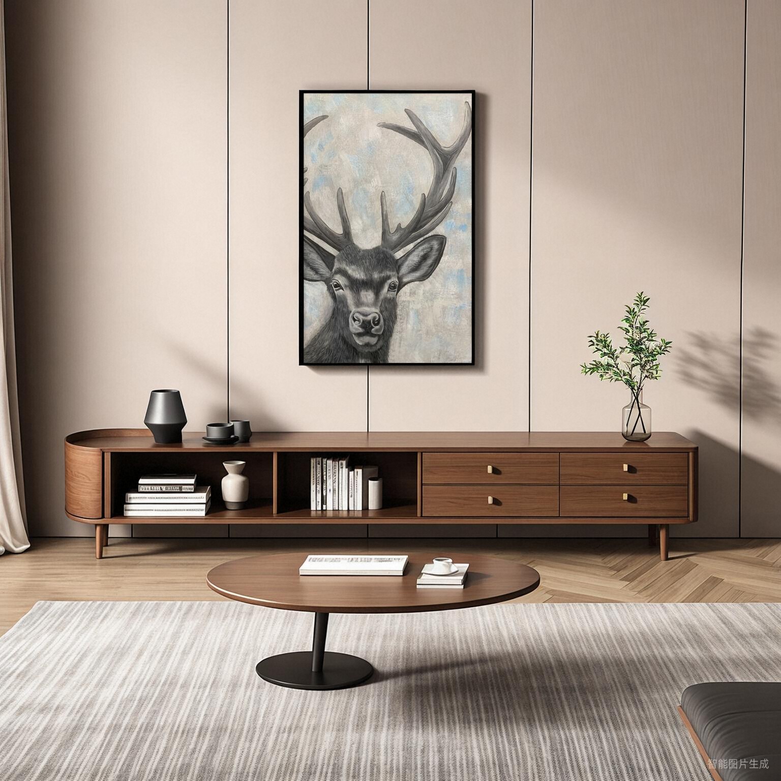 北欧风纯手绘油画客厅装饰画现代简约餐厅挂画麋鹿卧室玄关装饰画图片