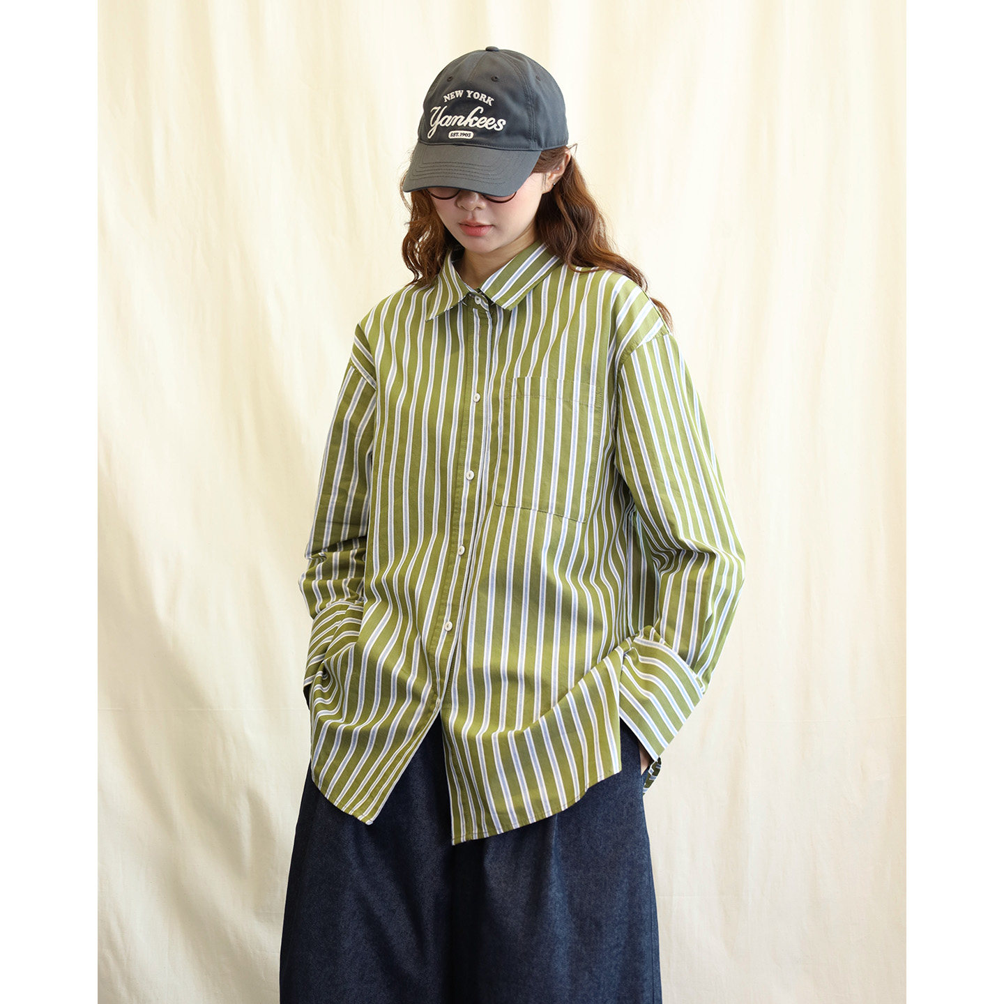 1.20日系显白牛油果绿蓝条纹口袋长袖衬衫两粒扣设计感袖口衬衣女,女装/女士精品,衬衫,淘宝优惠券,粉丝福利购,淘宝优惠卷