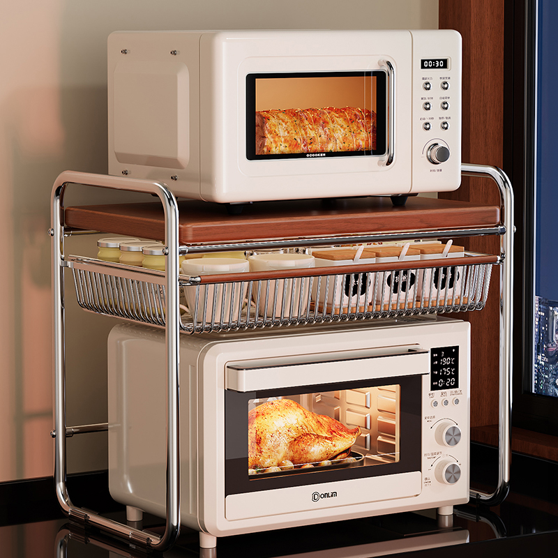 中古风微波炉置物架家用厨房台面双层烤箱支架多功能电饭煲收纳