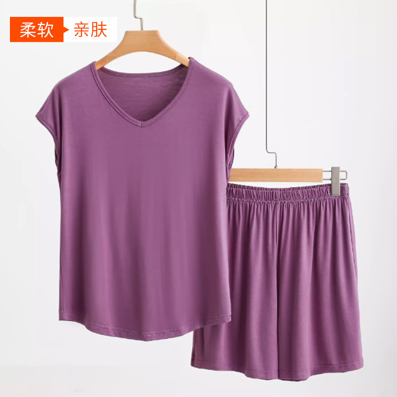女士莫代尔睡衣夏季薄款v领无袖背心大码凉感宽松学生家居服套装