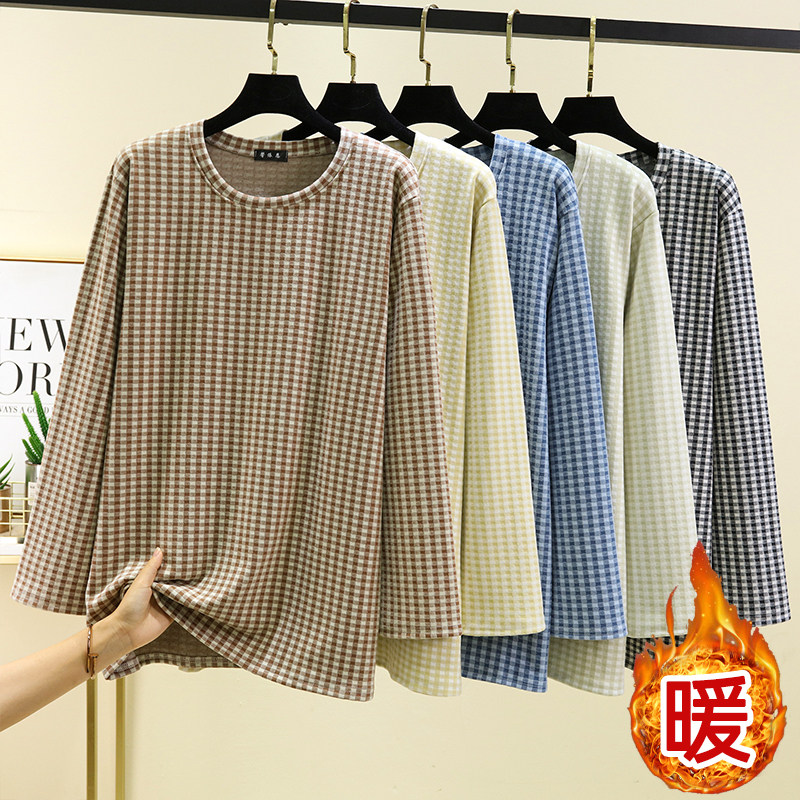 冬季德绒男士格子睡衣上装加绒保暖圆领长袖上衣大码宽松加厚T恤