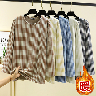 上衣大码 冬季 加绒保暖圆领长袖 格子睡衣上装 宽松加厚T恤 德绒男士