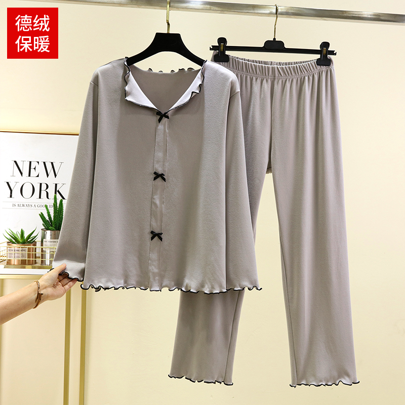 德绒翻领蝴蝶结家居服套装女冬